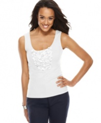 Add this brilliant layer to your closet and you won't be sorry! This petite Charter Club tank, complete with chic floral applique, makes ensemble-making easy-pair with jeans and heels for casual luxe or a cardigan for work.