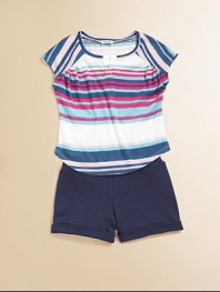 Delivering two striking pieces in one package, a vibrant striped knit is paired with wear-everywhere cuffed shorts for a playtime or dinnertime ensemble. Top Crewneck with v-insetShort cap sleevesFront buttonRound hem Short Elastic waistbandCuffed hem50% cotton/50% modalMachine washMade in USA