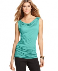 A draped fit and gathered shoulders give this petite top by T Tahari a touch of charm. Pair with skinny pants and heels for a sleek look.