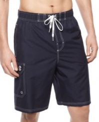 Dive right in! You'll be ready to get wet and have some fun in the sun in these stylish swim trunks from Izod.