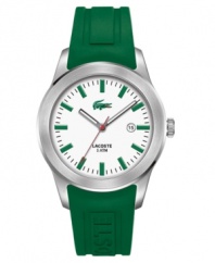 The premier in modern prep, Lacoste introduces this refined casual men's watch in signature white and green. Green rubber strap. Silvertone stainless steel round case and round white dial with logo and stick indices. Quartz movement. Water resistant to 50 meters. Two-year limited warranty.