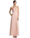 Sweet and feminine, Amsale's whisper light chiffon gown is colored in blush, exclusively here. Strappy heels and an armful of bangles complete the look.
