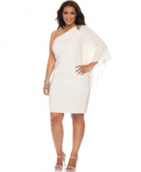 R&M Richards' plus size cocktail dress is stunning with its beaded one-shoulder silhouette. The sheer flutter sleeve gives the fitted silhouette a graceful finishing touch.