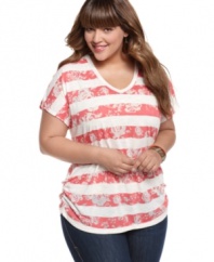 Score one of the season's hottest trends with Eyeshadow's short sleeve plus size top, showcasing a striped floral print.