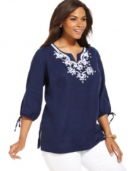 Charming embroidery lends a beautiful finish to JM Collection's three-quarter-sleeve plus size tunic top.