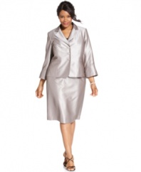 Evan Picone keeps this plus size suit simple and chic, outfitting it with a lustrous sheen and just a hint of a bell sleeve. Pair with a sparkling bracelet to play it up!