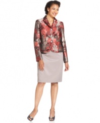 A chic floral jacquard jacket adds interest to a classic pencil skirt. Kasper's petite suit makes an elegant statement at any upcoming function or special event.
