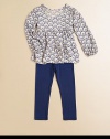 She'll be a hoot in this charming two-piece set featuring an owl-motif tunic and matching leggings. Shirt Scoop neckLong sleeves with gathered cuffsAsymmetrical ruffle hem Leggings Pull-on styleRayonMachine washImported