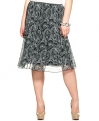 Prettify your career style with Elementz' plus size A-line skirt, featuring a paisley print.