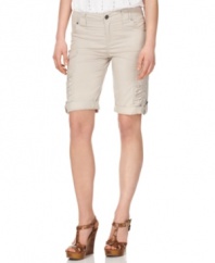 Cargo style gets a feminine update on these petite Style&co. shorts, designed with ruched panels at the thighs and roll-tab cuffs.