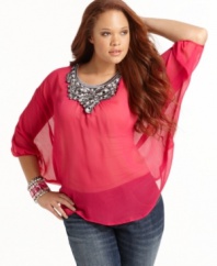 Be a sheer beauty with L8ter's three-quarter sleeve plus size top, finished by an embroidered bib and poncho styling.