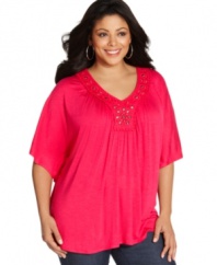 An embellished neckline spotlights NY Collection's butterfly sleeve plus size top-- it's an Everyday Value!