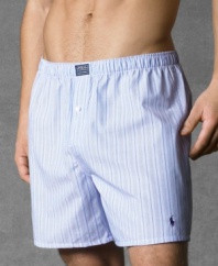 A classic boxer in soft woven cotton with signature Polo details. Features elasticized waistband with logo tag at center front, single-button fly and embroidered pony logo on lower leg.