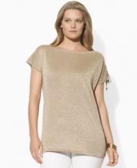 A luxurious foundation of jersey-knit silk lends itself to effortless glamor on this plus size Lauren by Ralph Lauren boat-neck top, finished with glistening metallic threads and chic lace-up detailing at the left sleeve.