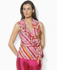 Vibrant stripes and airy ruffles lend a touch of romance to Lauren by Ralph Lauren's elegant petite wrap blouse in slightly sheer woven cotton. (Clearance)