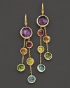 18K yellow gold brightly frames twinned drops of boldly-hued precious gemstones.