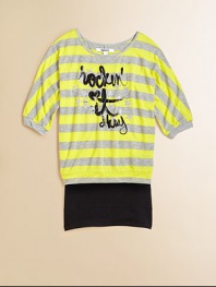 A lightweight top gets a fashion-forward update with bold, contrasting stripes, glittery stars and rock-inspired lettering.ScoopneckDolman sleevesPullover styleBanded hem60% polyester/40% rayonMachine washImported