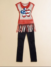 A patriotic take on a 70's-inspired design with fringed hem and floral American flag design for cool style.ScoopneckShort sleevesPullover styleFringed hemRayonHand washImported