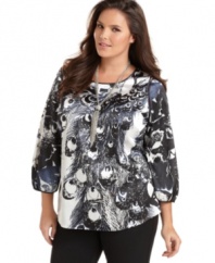 Tahari Woman's three-quarter sleeve plus size blouse is a perfect partner with trousers for a sophisticated ensemble.