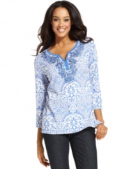 Spend your summer days in unbelievable comfort in this petite tunic from Charter Club. Sweet details such as a floral print and embroidery make it stand out from the crowd.
