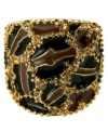 Get your growl on with GUESS. This chic cocktail ring features a leopard-print surface in brown and black epoxy with sparkling light Colorado topaz glass. Set in gold tone mixed metal. Approximate band width: 3/4 inch. Size 8.