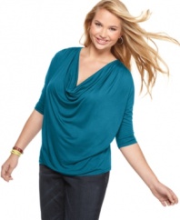 Shape up your causal look with Soprano's three-quarter sleeve plus size top, finished by a draped neckline.