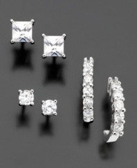 Three versatile styles, perfect for every day. B. Brilliant set includes three pairs, all crafted in sterling silver: round-cut cubic zirconia hoops (1 ct. t.w.), round-cut studs (1/3 ct. t.w.) and princess-cut studs (3/4 ct. t.w.).