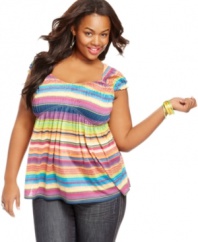 Brighten up your style this season with American Rag's cap sleeve plus size top, rocking a striped pattern.