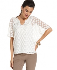 A sheer delight: Alfani's three-quarter sleeve petite top, featuring a whimsical polka-dot pattern and crochet trim.