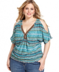 Show off your shoulders with AGB's printed plus size top, accented by a beaded neckline-- finish the look with your go-to jeans!