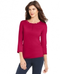 Jones New York Signature's petite henley top is an everyday essential. Lace trim at the neckline gives it a feminine touch, too!