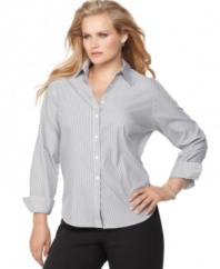 Looking office-chic just got easier with Jones New York Signature's long sleeve plus size shirt, crafted from wrinkle-resistant cotton.