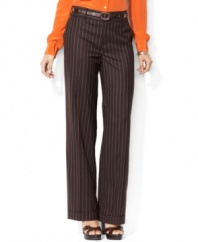 Inspired by smartly tailored menswear, these pinstriped wool petite Lauren by Ralph Lauren pants are crafted with a chic, wide leg for an ultra-feminine silhouette.