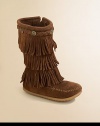 Your little trendsetter must-have these fashion-forward boots in plush suede with three layers of groovy fringe.Zip-upSuede upperRubber solePadded insoleImported
