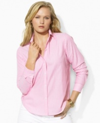 Plus size fashion that is chic and ultra-feminine. The Aaron shirt from Lauren by Ralph Lauren's collection of plus size clothes is smartly tailored in crisp, wrinkle-resistant cotton poplin for easy wear.
