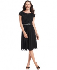 Ruched sleeves, a waist-defining belt and a body-skimming silhouette work wonders when looking polished is a must. Pair Evan Picone's petite dress with almost any special heel in your closet for the perfect evening look.