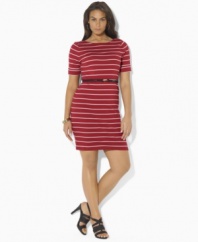 Slim sailor stripes and anchor-embossed buttons give a seafaring spirit to Lauren by Ralph Lauren's fine-ribbed cotton plus size dress, accented with rope belt at the waist for a chic finishing touch.