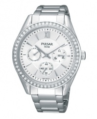 Bring up the lights with a flash of elegance, by Pulsar. Crafted of stainless steel bracelet and round case. Bezel crystallized by Swarovski elements. Silver-tone dial with applied stick indices at markers, three subdials, hour and minute hands, Roman numeral and logo at twelve o'clock, and minute track. Quartz movement. Water resistant to 50 meters. Three-year limited warranty.