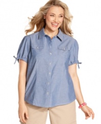 Add chic appeal to your weekend look with Karen Scott's short sleeve plus size shirt, crafted from lightweight chambray.