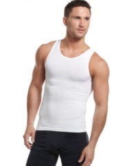 Seamless and sleeveless for full no-show coverage, this form-fitting tank from One Flat Jack does all the work under your shirt for a sleek, slimmed down effect.
