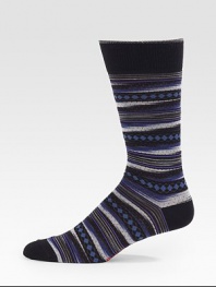 Handsome, woven dress socks printed to perfection in a brightly colored cotton blend.Mid-calf height64% cotton/35% nylon/1% lycraMachine washImported