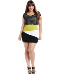 Get the party started with ING's short sleeve plus size dress, spotlighting a striped top and colorblocked skirt-- be totally on-trend this season!