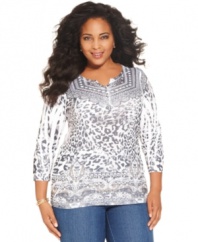 Show off your wild side with Style&co.'s plus size henley top, featuring a sublimated animal-print.