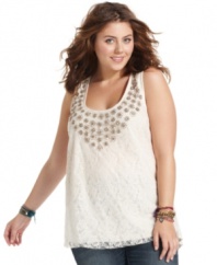Lace up your look with American Rag's sleeveless plus size top, showcasing an embellished neckline.