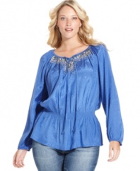 Getting chic casual style is a cinch with Charter Club's plus size peasant top, featuring an embellished neckline and smocked waist.