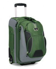 Whatever travel throws your way, always carry on with the 3-in-1 convenience of this rolling backpack with removable daypack. A spacious main compartment with book-style opening reveals clothing hold-down straps and other organizational features. A removable front day pack with zippered accessory pocket, MP3 player headphone port and back strap increases your mobility when you're on the go. Lifetime limited warranty.