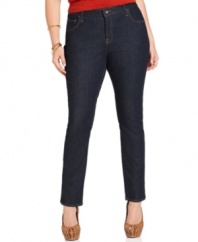 Get a lean line with Lucky Brand Jeans' plus size skinny jeans, featuring a dark wash-- pair them with all your new tops!