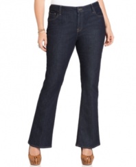 A sleek dark wash finishes Lucky Brand Jeans' plus size boot cut jeans-- look slim and sensational this season!