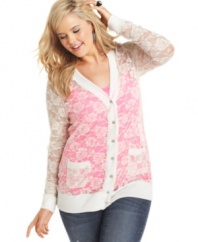 Add flirty flair to your look with Belle Du Jour's lace plus size cardigan-- it's a sheer winner for this season!