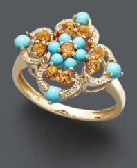 Statement rings are all the rage -- the more colorful, the better! Capture the style with this eye-popping piece featuring round-cut turquoise (3/8 ct. t.w.) and round-cut citrine (1/4 ct. t.w.) in an ornate 14k gold setting.